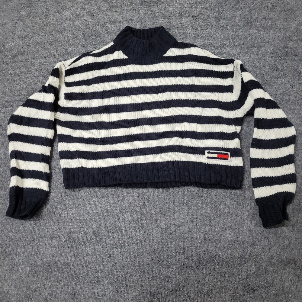 Tommy Jeans Sweater Womens Size M Navy Blue Striped Mock Neck Cropped Knit Top